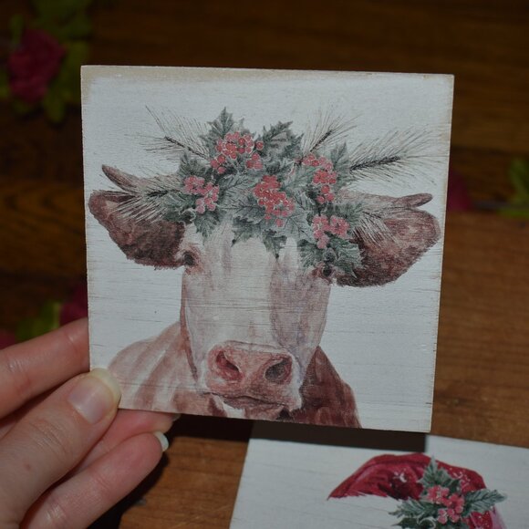 4pc Farmhouse Christmas Winter Holiday Barn Animals Wood Drink Coaster Set - Picture 8 of 10